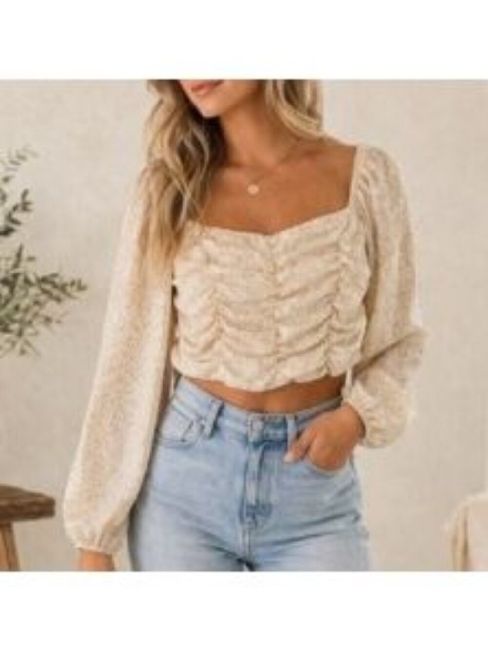 Altar'd State Beige Ruched Cropped Long Sleeve Blouse